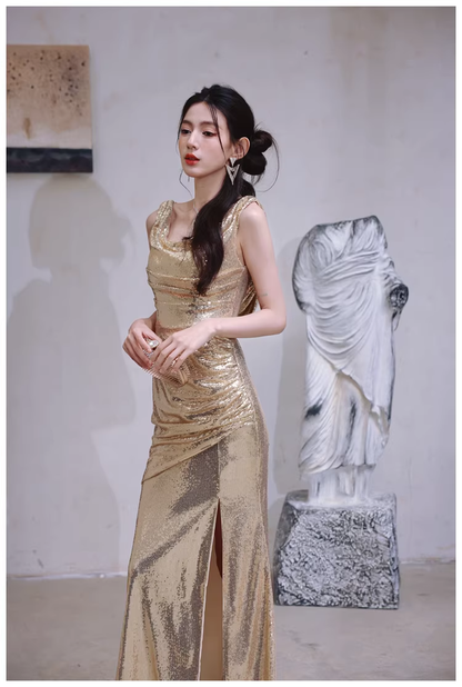Fashion Gold Sleeveless Sequin Slit Mermaid Long Evening Dress Formal Wedding Guest Dress D2437