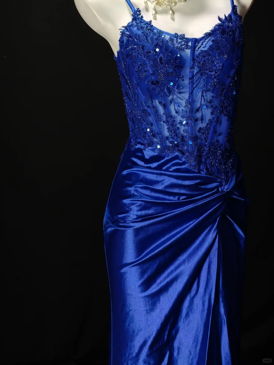 Charming Spaghetti Straps Blue Satin Appliques Mermaid Slit Evening Dress Long Wedding Guest Dress D3616