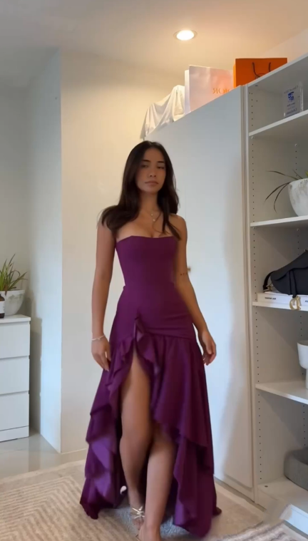 Pretty Strapless Purple Satin Ruffles Slit Mermaid Evening Dress Long Wedding Guest Dress D2873
