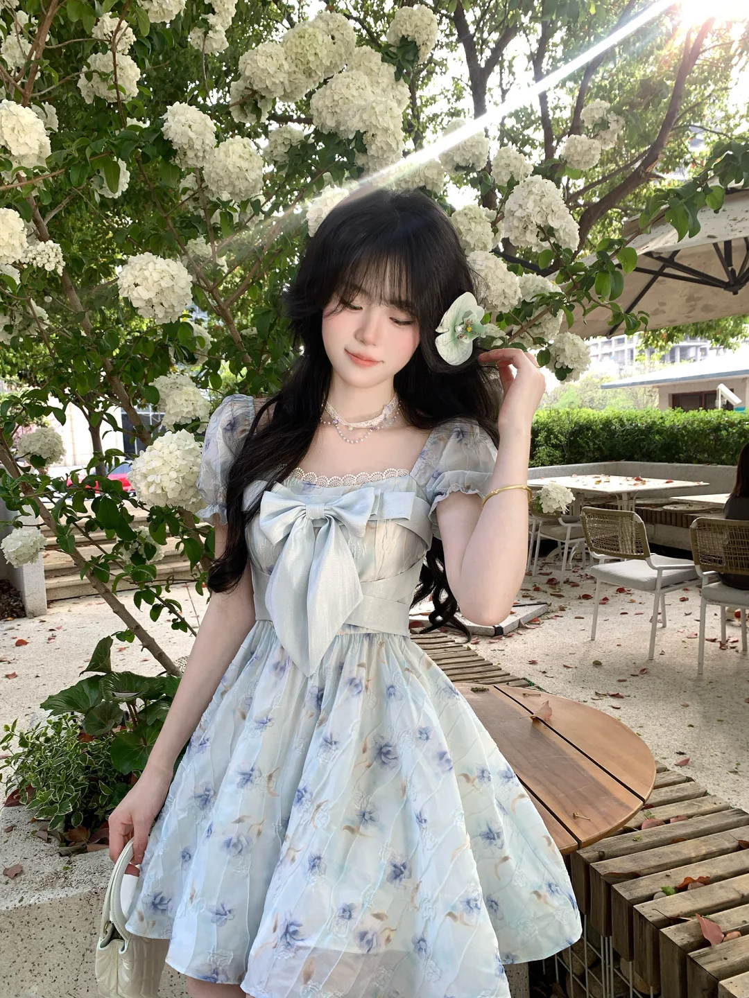 Cute Blue Chiffon Printed Floral A Line Short Prom Dress Formal Graduation Homecoming Dress D107