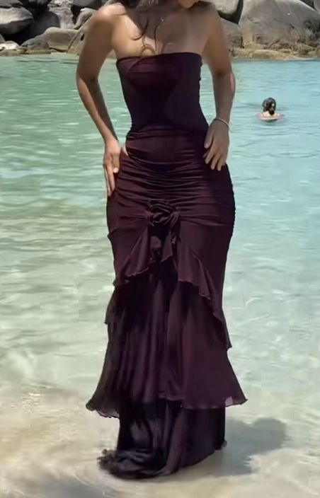 Vintage Dark Burgundy Strapless Chiffon Pleated Ruffles Mermaid Long Party Dress Evening Dress D4780