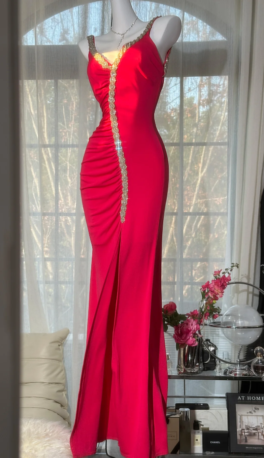 Glamorous V Neck Red Satin Beaded Mermaid Slit Party Dress Long Birthday Prom Dress D2196