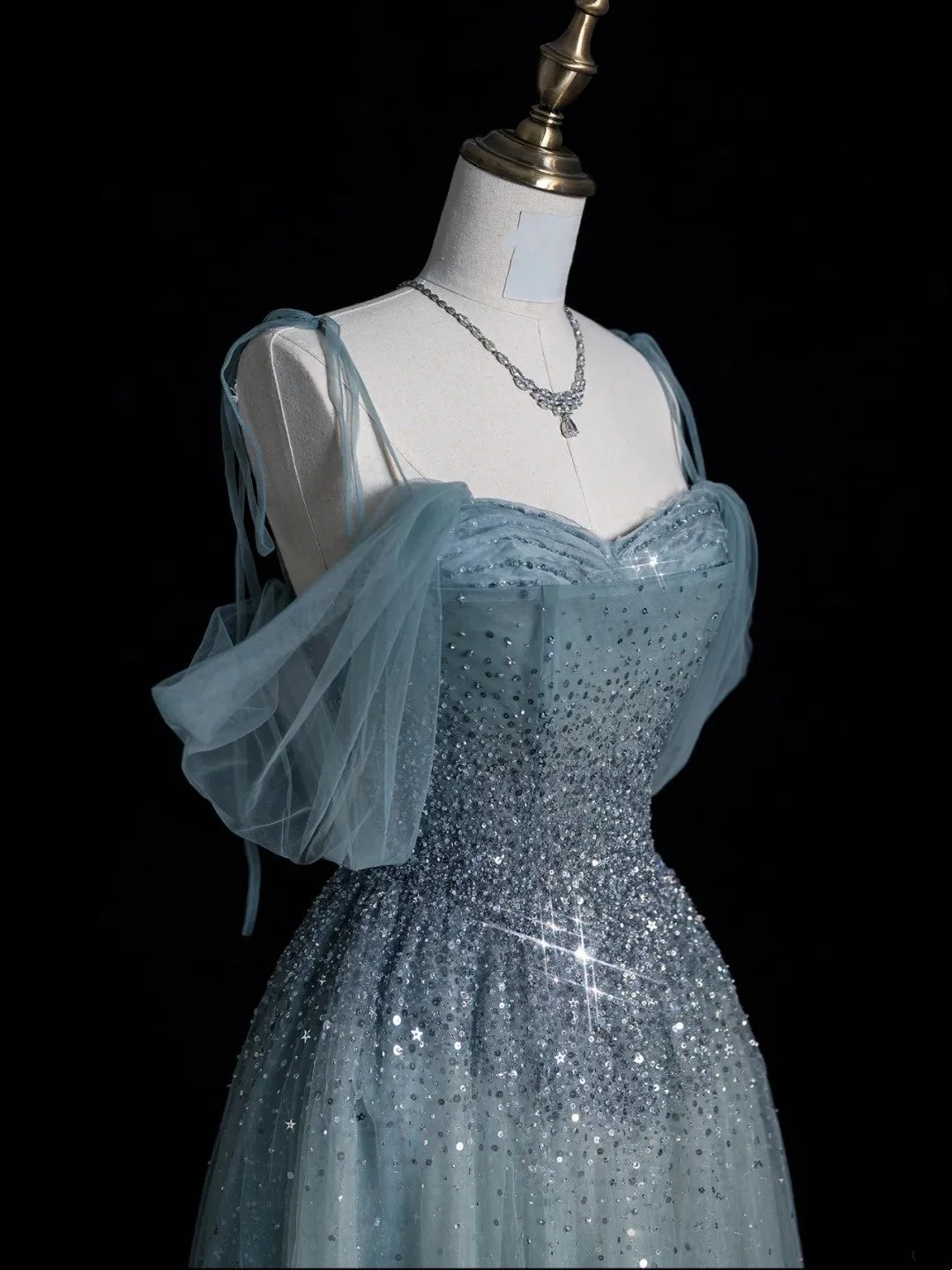 Charming Off The Shoulder Tulle Beaded A Line Long Birthday Prom Dress Blue Long Party Dress D4845