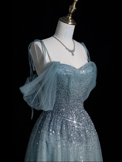 Charming Off The Shoulder Tulle Beaded A Line Long Birthday Prom Dress Blue Long Party Dress D4845