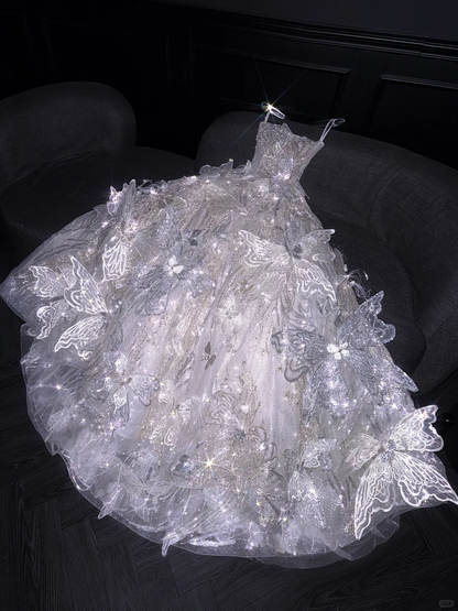 Glitter Strapless Tulle Sequin Beaded 3D Butterfly Long Wedding Dress Bridal Dress D3082