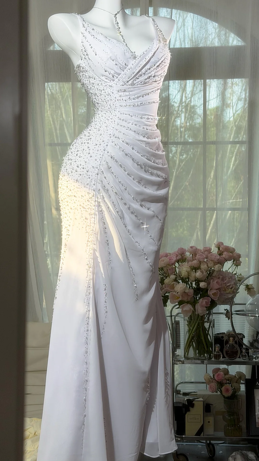 Classy White Spaghetti Straps Chiffon Beaded Mermaid Long Prom Gown Birthday Party Dress D2526