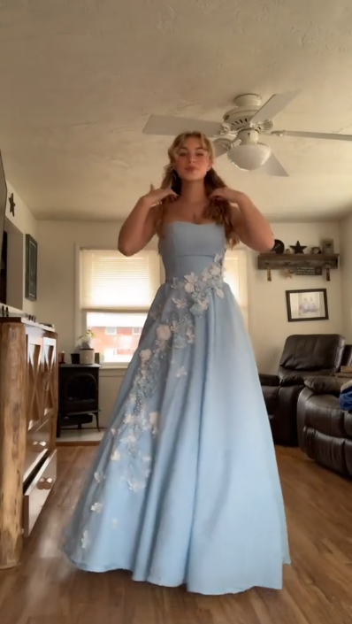 Pretty Strapless Blue Satin Appliques A Line Long Party Dress Birthday Prom Dress D4981