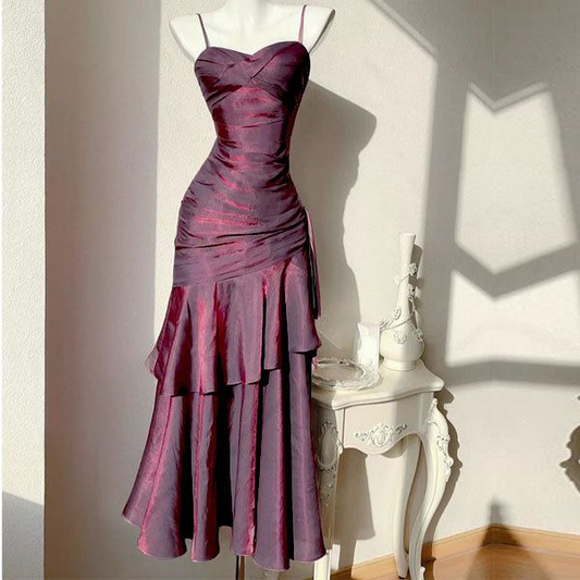 Vintage Spaghetti Strap Satin Ruffles Long Evening Dress Grape Long Prom Dresses D4518