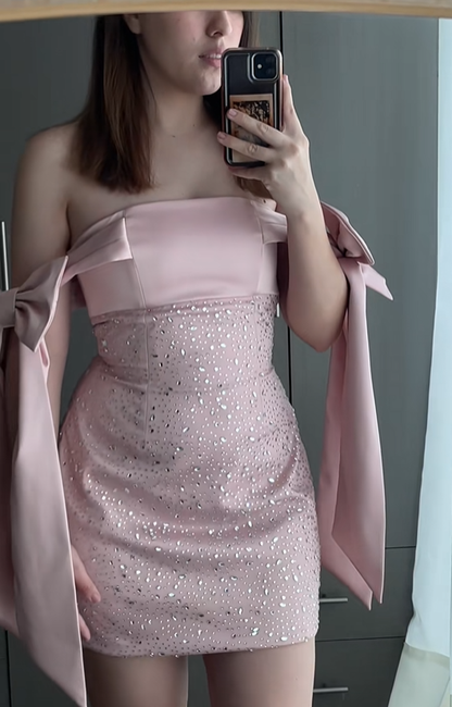 Elegant Pink Satin Beaded Sheath Short 6th Grade Homecoming Dress,Bow Strapless Mini Prom Dress D3946