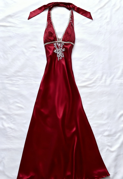 Stylish Halter Burgundy V Neck Satin Beaded Long Wedding Guest Dress Formal Party Gown D1487