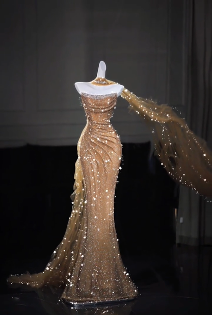 Charming Strapless Gold Tulle Sequin Beaded Mermaid Long Evening Dress Prom Dresses D5211