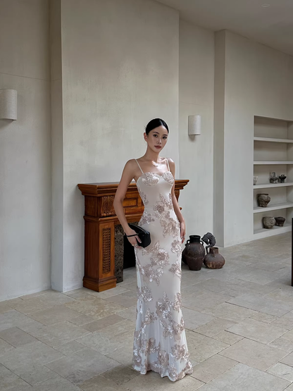 Unique Champagne Satin Floral Mermaid Evening Dress Spaghetti Straps Long Party Gown D2129