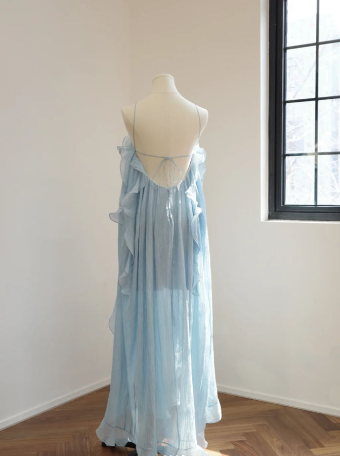 Pretty Spaghetti Straps Blue Chiffon Ruffle Long Party Dress Prom Gown D2173