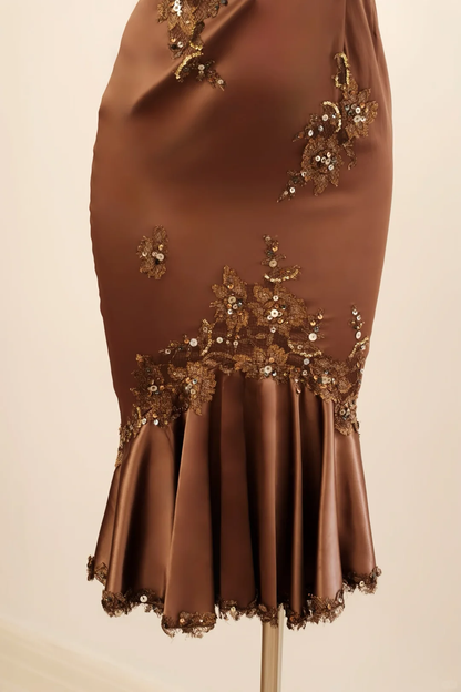 Vintage Spaghetti Straps Satin Lace Beaded Sheath Knee Length Prom Dress Party Dress D2734
