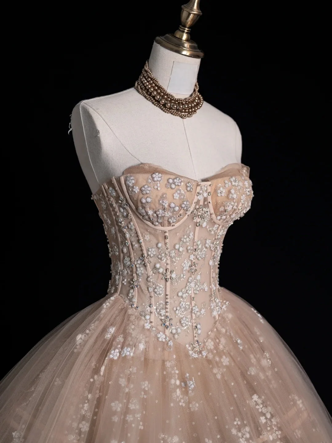 Ball Gown Strapless Champagne Sleeveless With Applique Tulle Long Quinceanera Dresses Sweet 15 16  Dress D4263