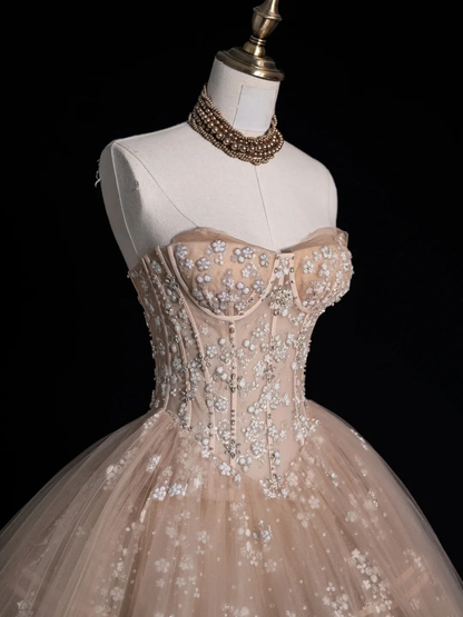 Ball Gown Strapless Champagne Sleeveless With Applique Tulle Long Quinceanera Dresses Sweet 15 16  Dress D4263