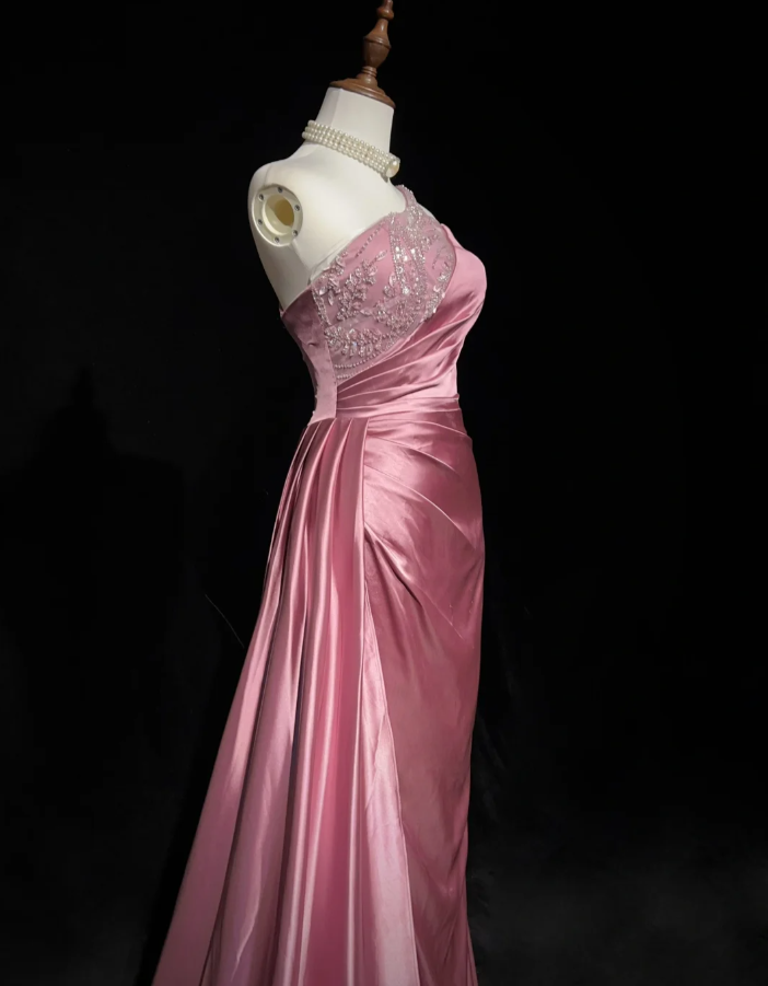 Chic One Shoulder Satin Sequin Beaded Mermaid Long Evening Dress Formal Pink Wedding Guest Dress D2073
