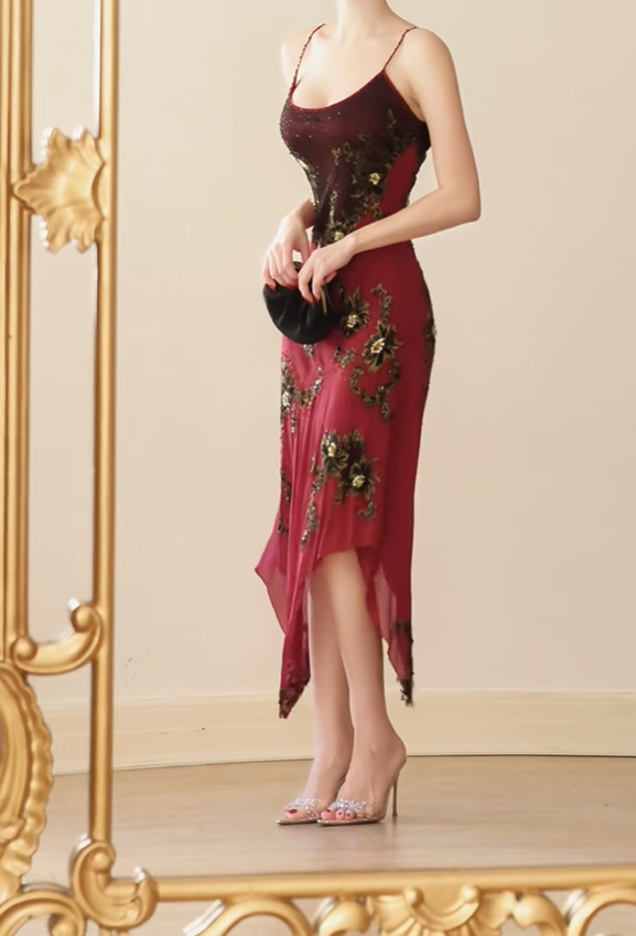 Unique Spaghetti Straps Chiffon Floral Beaded Long Party Dress Burgundy Mermaid Prom Gown D2746