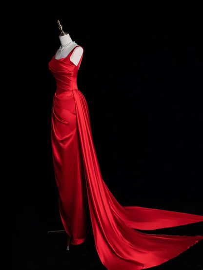 Fashion Spaghetti Straps Satin Pleated Long Wedding Guest Dress Red Mermaid Square Neck Long Evening Dress D4853