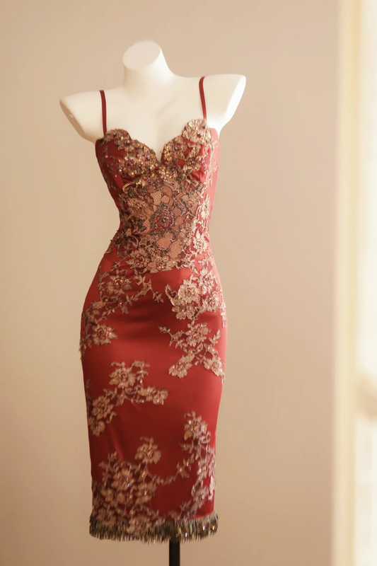 Vintage Brick Red Satin Lace Beaded Shath Knee Length Party Dress Birthday Prom Dresses D2771