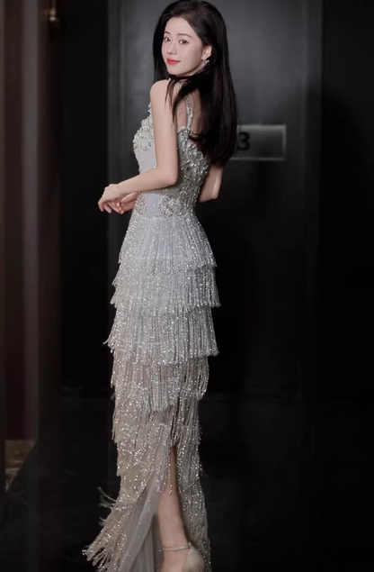 Glitter Spaghetti Straps Silver Satin Beaded Layered Tassel Long Party Dress Evening Gown D2218