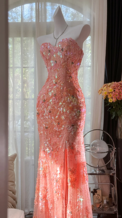 Glitter Strapless Pink Tulle Sequin Beaded Mermaid Party Dress Slit Long Evening Gown D867