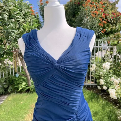 Vintage Fashion Mermaid V Neckline Navy Blue Floor Length Evening Dress Prom Dresses SD1881