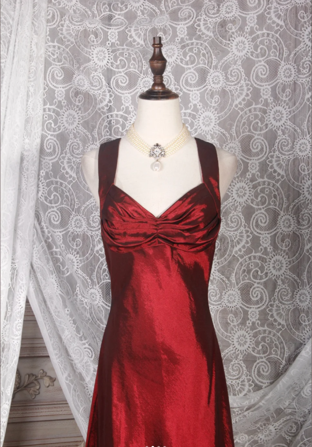 Vintage Burgundy V Neck Satin Mermaid Long Prom Dress Party Gown D2247