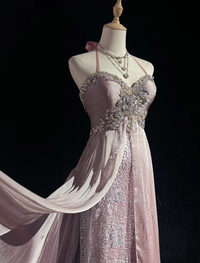 Glamorous Pink Halter Satin Lace Beaded Mermaid Evening Dress Long Birthday Prom Dress Party Gown D2069