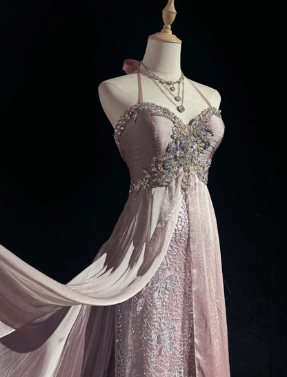 Glamorous Pink Halter Satin Lace Beaded Mermaid Evening Dress Long Birthday Prom Dress Party Gown D2069