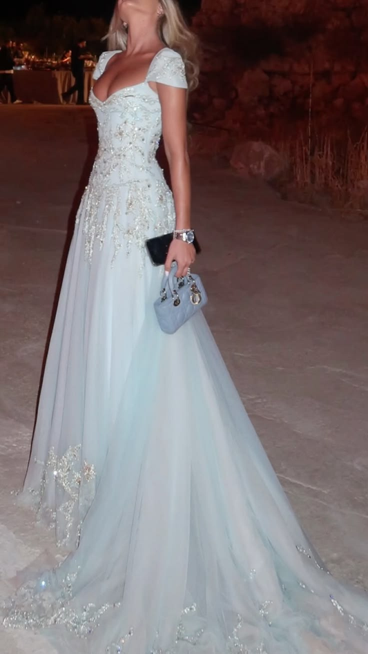 Glamorous Beaded Tulle Sequin Mermaid Long Prom Dress Ice Blue Long Party Dress D4623