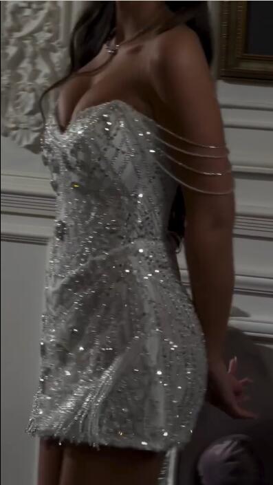 Shiny Off The Shoulder Satin Beaded Tassel Short Homecoming Dress Birthday Dress D4436