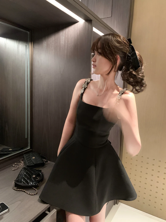 Classy Spaghetti Straps Satin Beaded Short Birthday Dress,Black A Line Short Homecoming Dress D2832