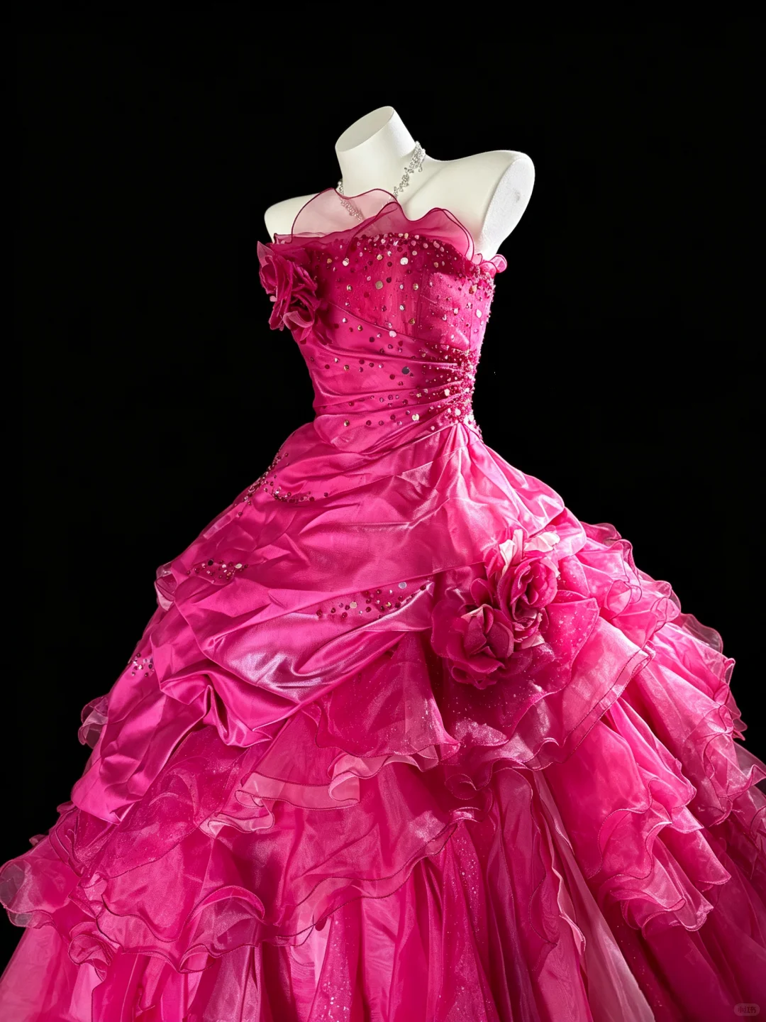 Chic Strapless Ball Gown Hot Pink Satin Tulle Ruffle Sequin Birthday Quinceanera Dress D5286
