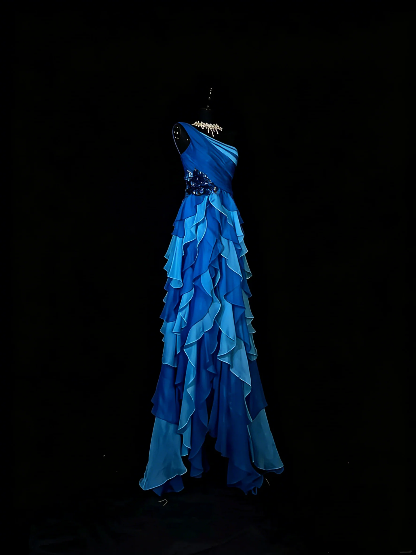 Vintage One Shoulder Chiffon Blue 1950s With Layers Long Prom Dresses Party Dress D4272