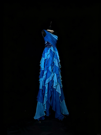 Vintage One Shoulder Chiffon Blue 1950s With Layers Long Prom Dresses Party Dress D4272