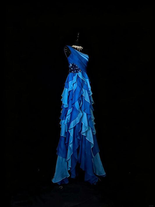 Vintage One Shoulder Chiffon Blue 1950s With Layers Long Prom Dresses Party Dress D4272