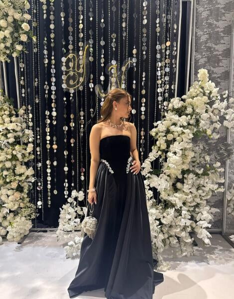 Pretty Strapless Black Velvet Satin Beaded Long Birthday Party Dress Evening Dress D4579