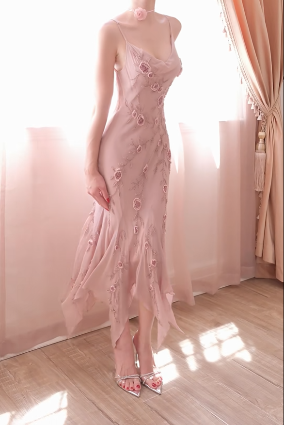 Classy Pink Spaghetti Straps Chiffon Floral Mermaid Long Party Dress Prom Dress D2741