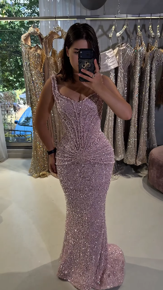 Gorgeous Pink Sequin Pleated Mermaid Long Party Dress Birthday Evening Gowns D5245