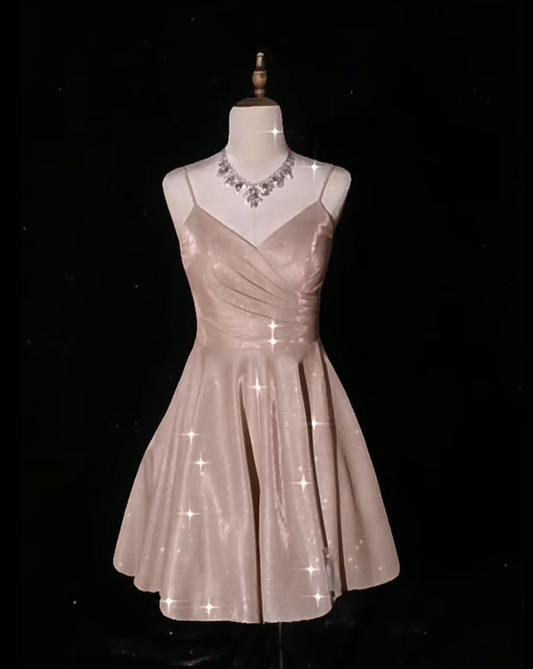 Charming Blush Pink Spaghetti Straps V Neck Satin A Line Short Homecoming Dress Cocktail Dress S975