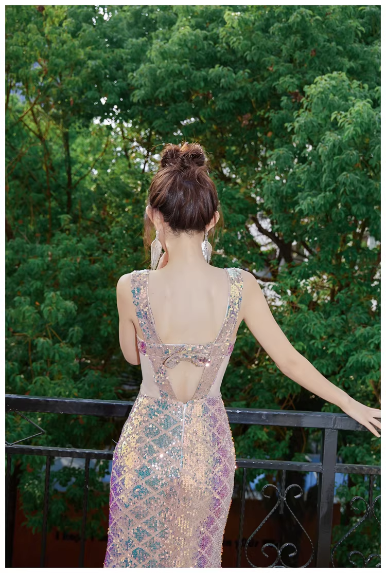 Glitter Spaghetti Straps Sequin Mermaid Long Party Dress Evening Gown With Bow D2448