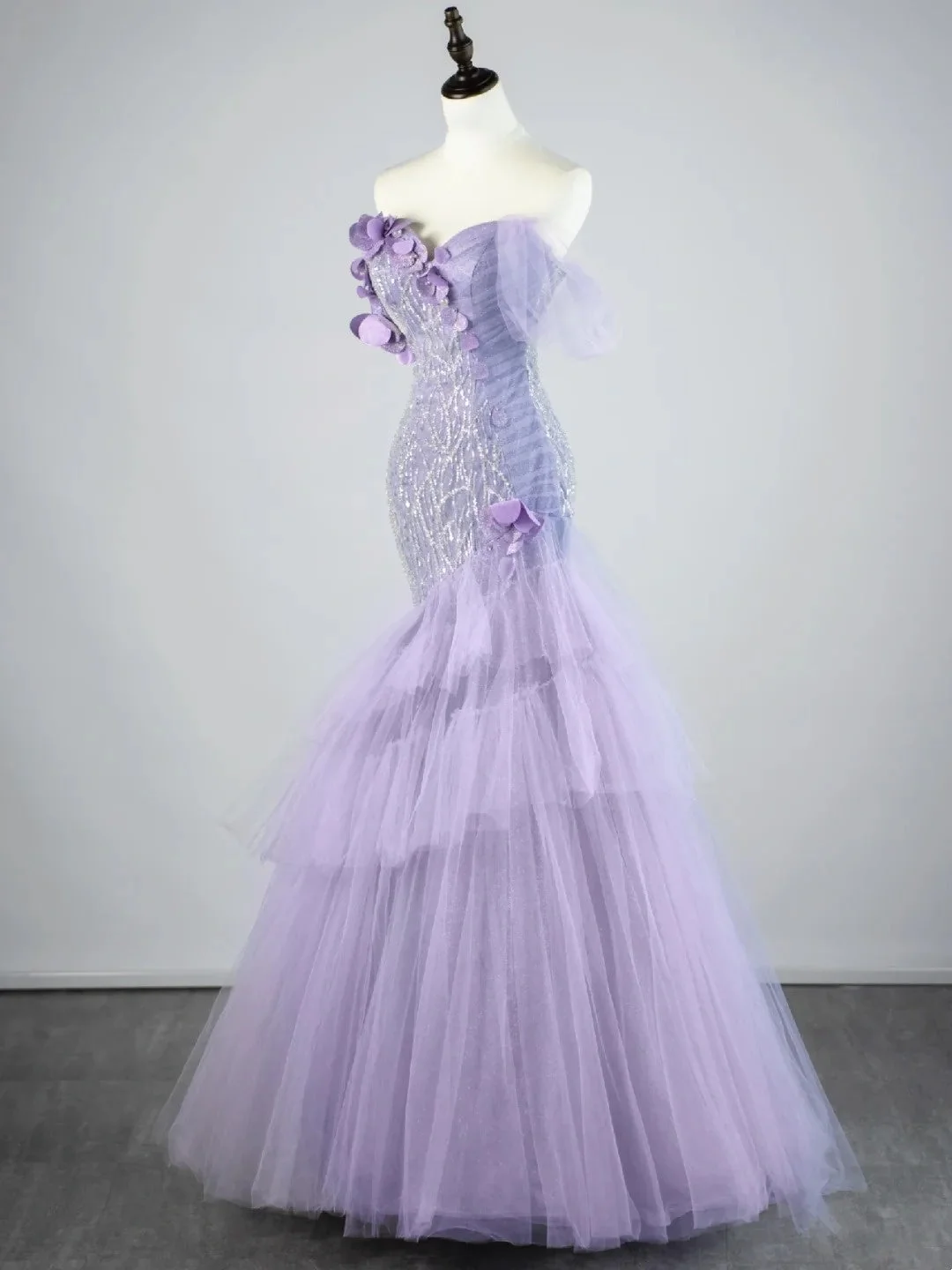 Glamorous Off The Shoulder Lilac Tulle Sequin Beaded Mermaid Long Evening Dress Party Gown D4525