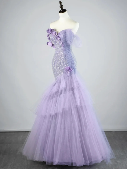 Glamorous Off The Shoulder Lilac Tulle Sequin Beaded Mermaid Long Evening Dress Party Gown D4525