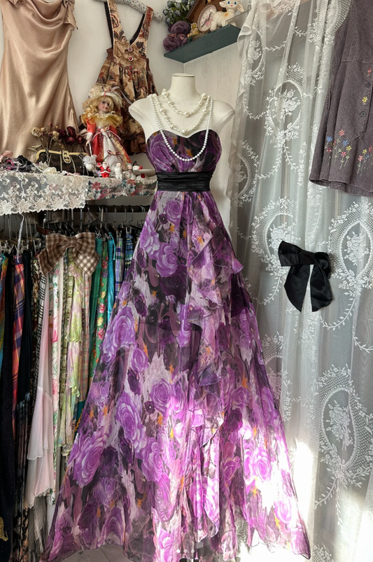 Charming Strapless Purple Chiffon Print Floral A Line Long Party Dress Birthday Prom Gown D1668
