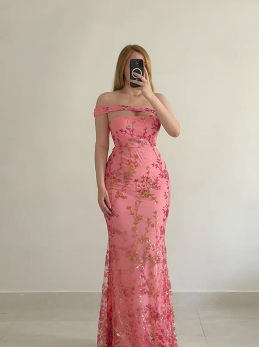 Chic Pink Tulle Sequin Beaded Mermaid Prom Dress Long Party Gown D3426