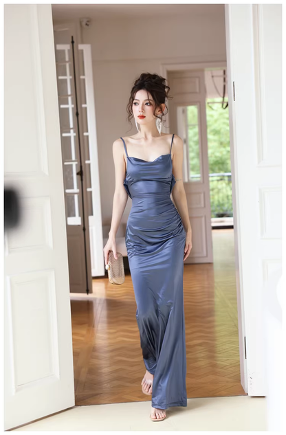 Classy Spaghetti Strap Blue Satin Mermaid Backless Evening Dress Long Wedding Guest Dress D2405