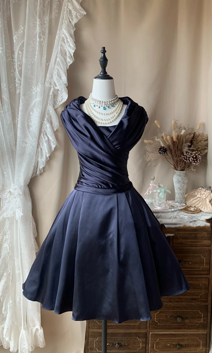 Classy Navy Blue Satin Pleated Short Homecoming Dress Cocktail Dress D3187