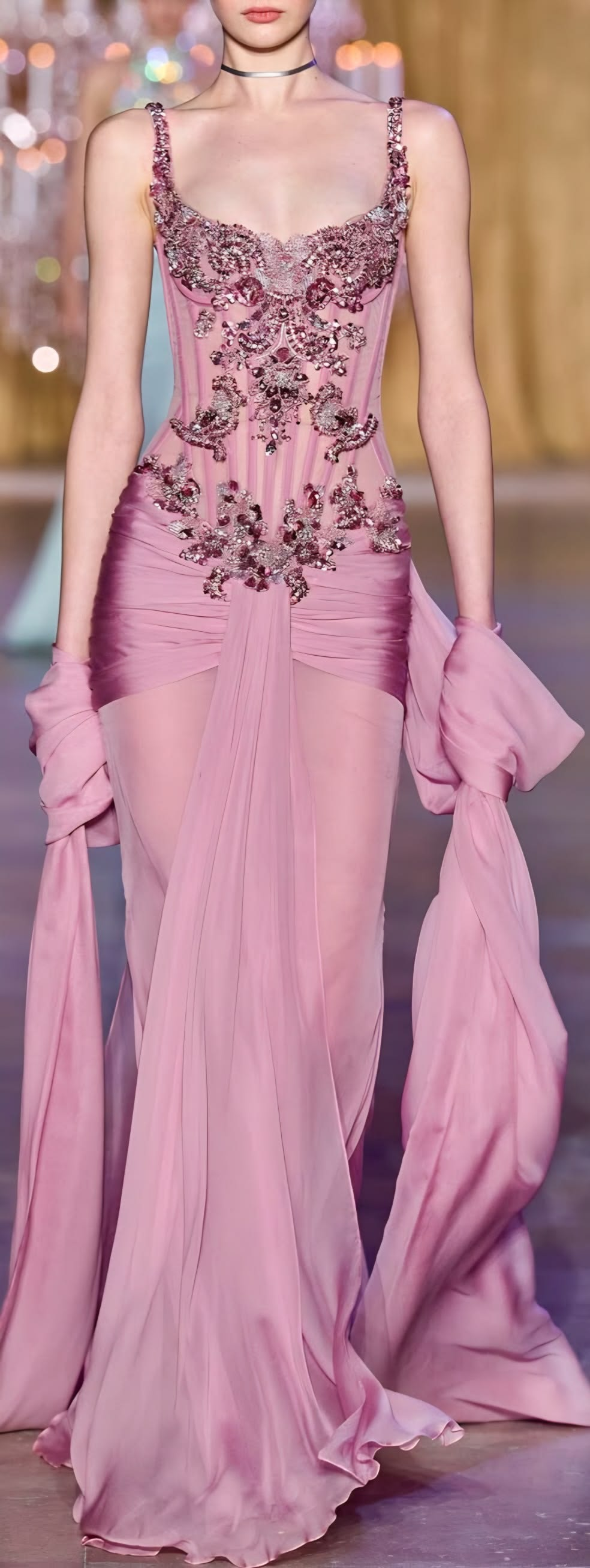 Pretty Spaghetti Straps Pink Chiffon Pleated Beaded Mermaid Long Prom Dress Birthday Party Dress D4805