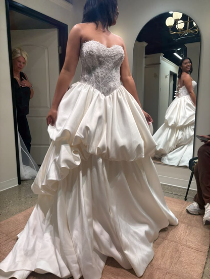 Pretty Strapless White Lace Satin Tiered Long Wedding Dress D5016